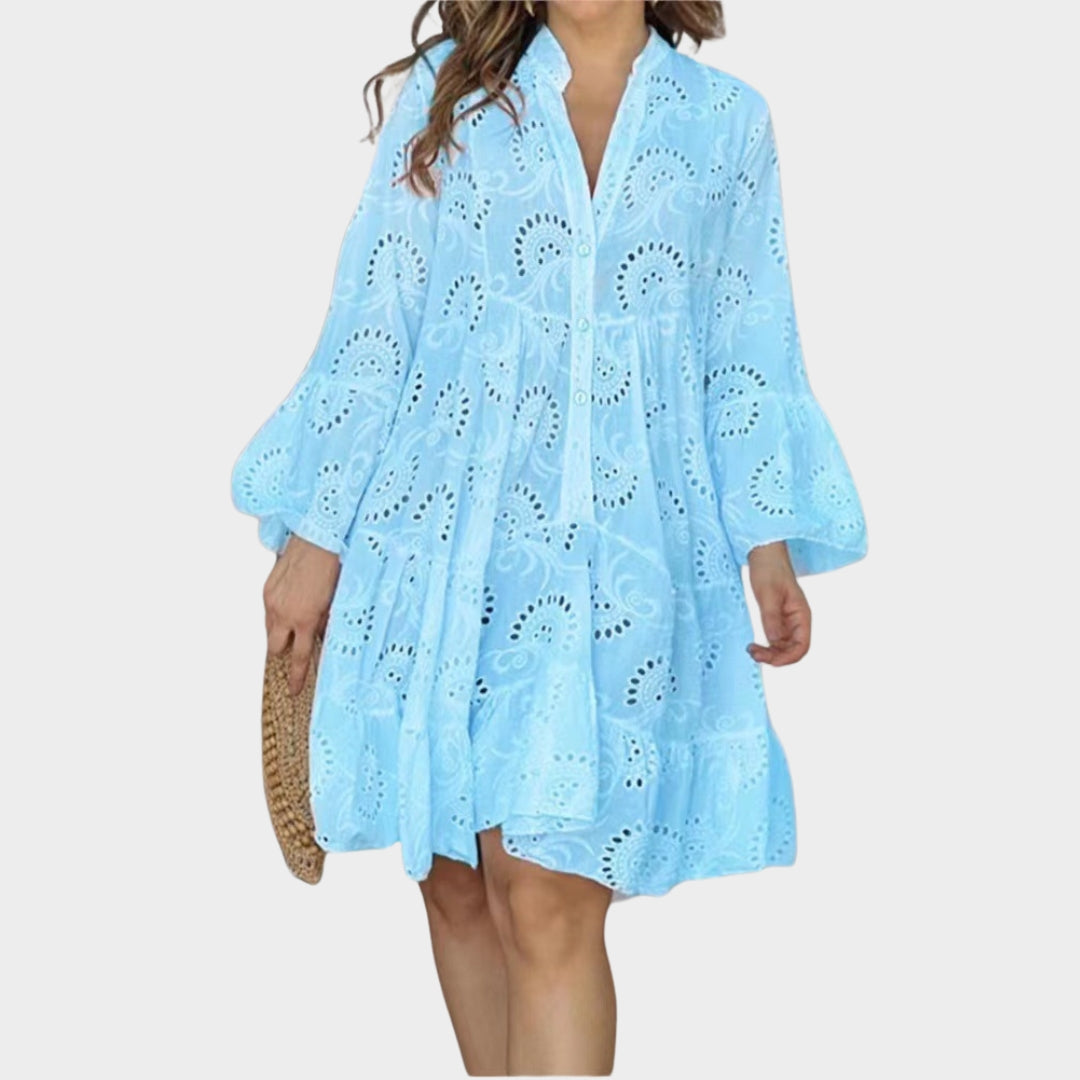 Spring Summer Women’s V-Neck Lace Dress – Solid Color, Embroidered, Hollow Design, Casual Loose Fit