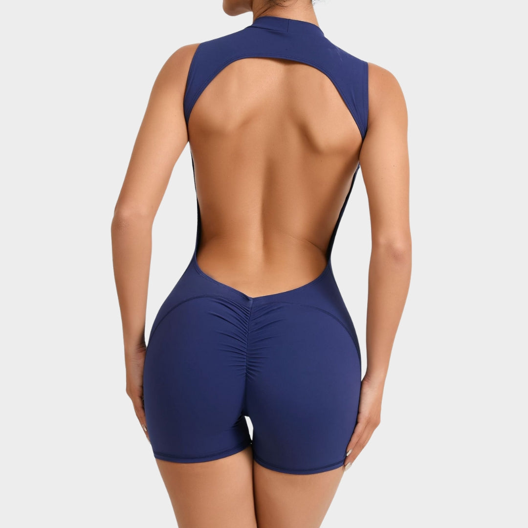 Women's Backless Sports Jumpsuit - Bodycon One-Piece Gym Romper - Scrunch Back - Multiple Colours