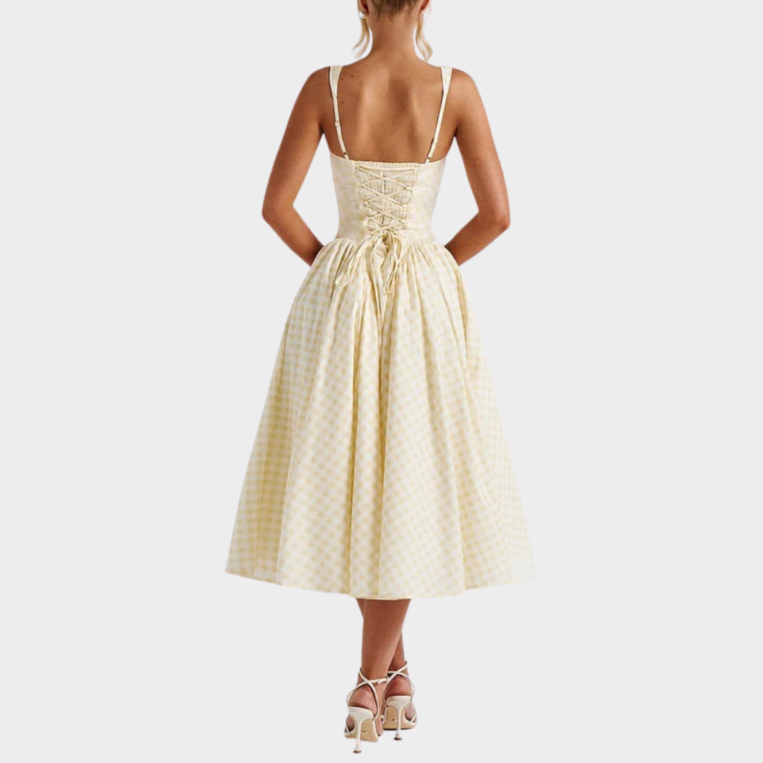 Women’s Midi Dress – Gingham Print with Fitted Bodice – Lace Up Back – Square Neckline – Flowing Skirt – Multiple Colours