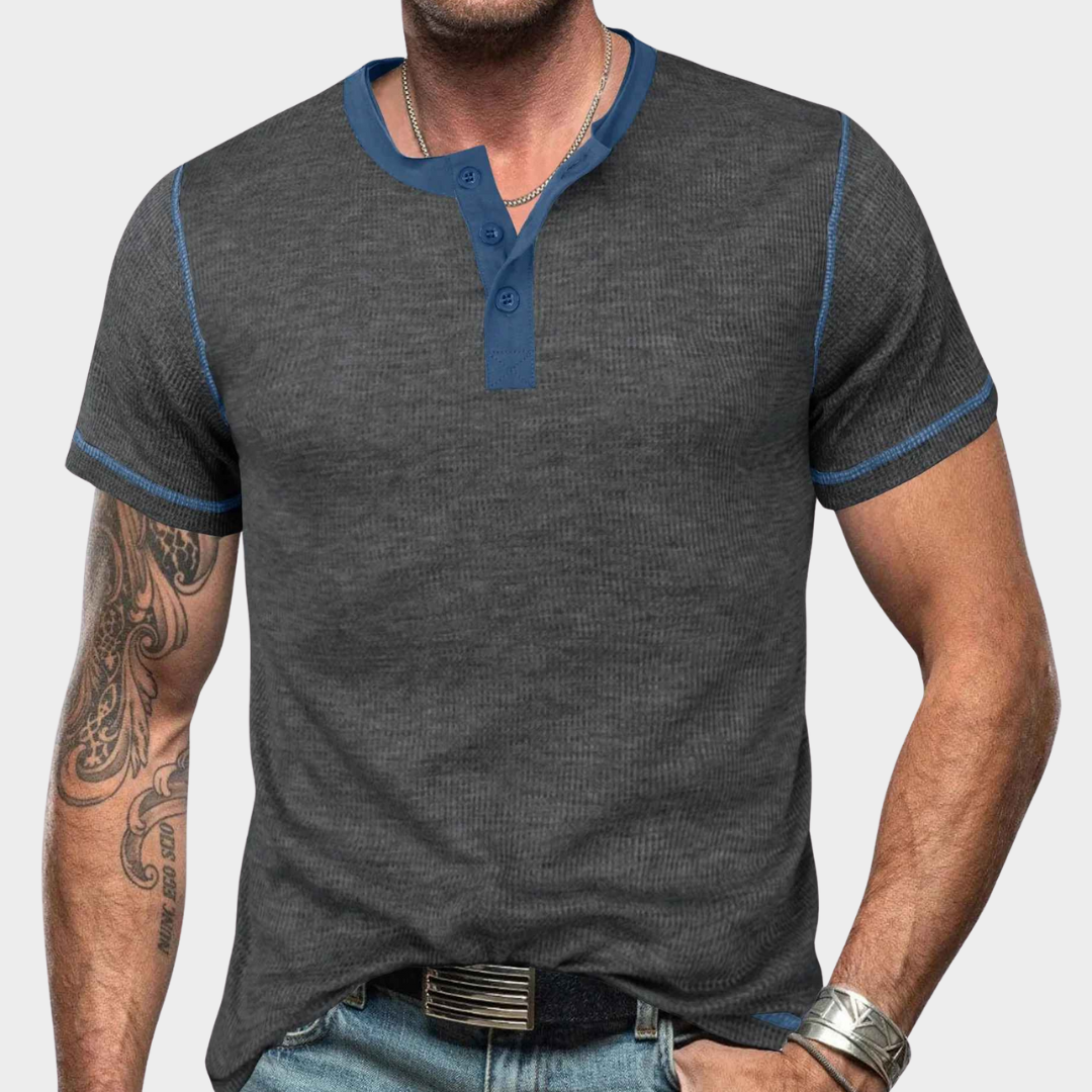 Men's T-Shirt – Short Sleeve Vintage Fit Waffle Texture Crew Neck Henley Top – Multiple Colours