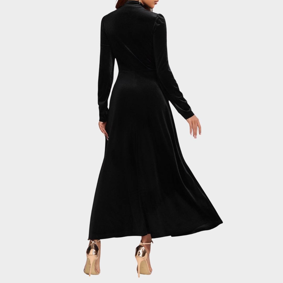 Women's Velvet Evening Dress - Long Sleeve - Elegant Maxi Dress - Luxurious & Flowy - Black