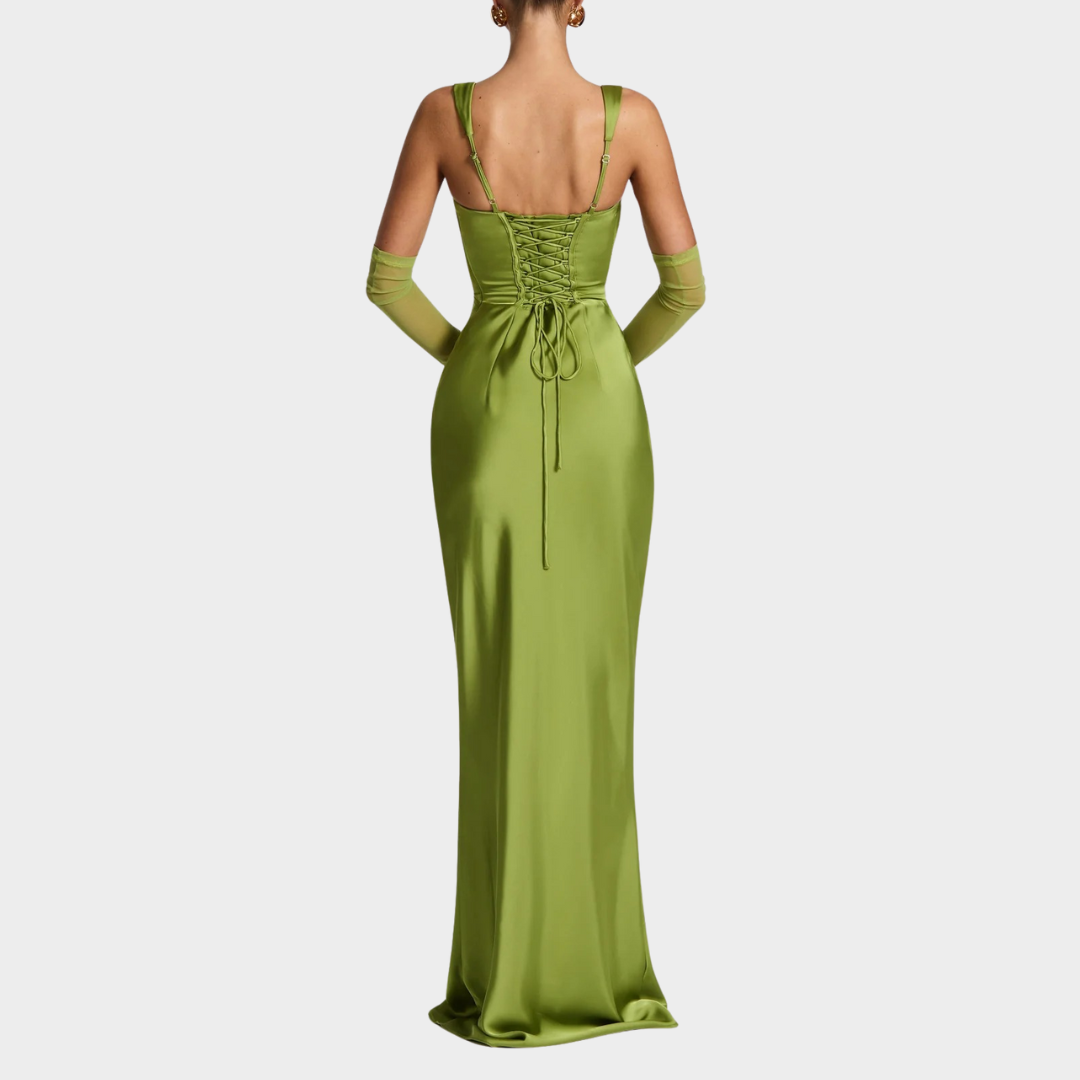 Women Slim Fit Satin Maxi Dress – Elegant Long Dress with Pleated Bodice Square Neckline and Lace Up Back – Multiple Colours
