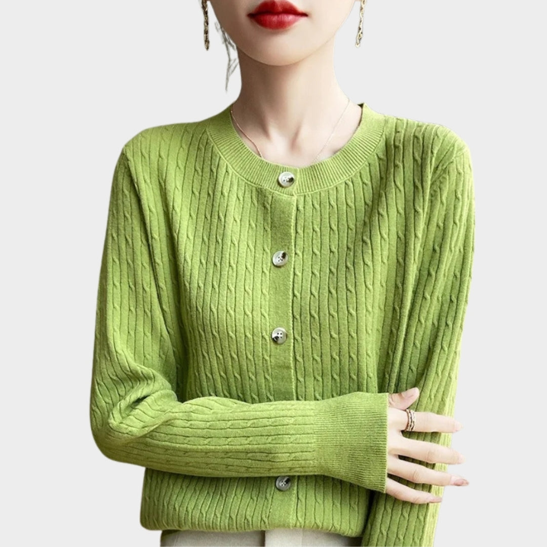 Women’s 100% Merino Wool Sweater – O-Neck Hollow Twisted Cardigan, Long Sleeve Knitted Top, Multiple Colors