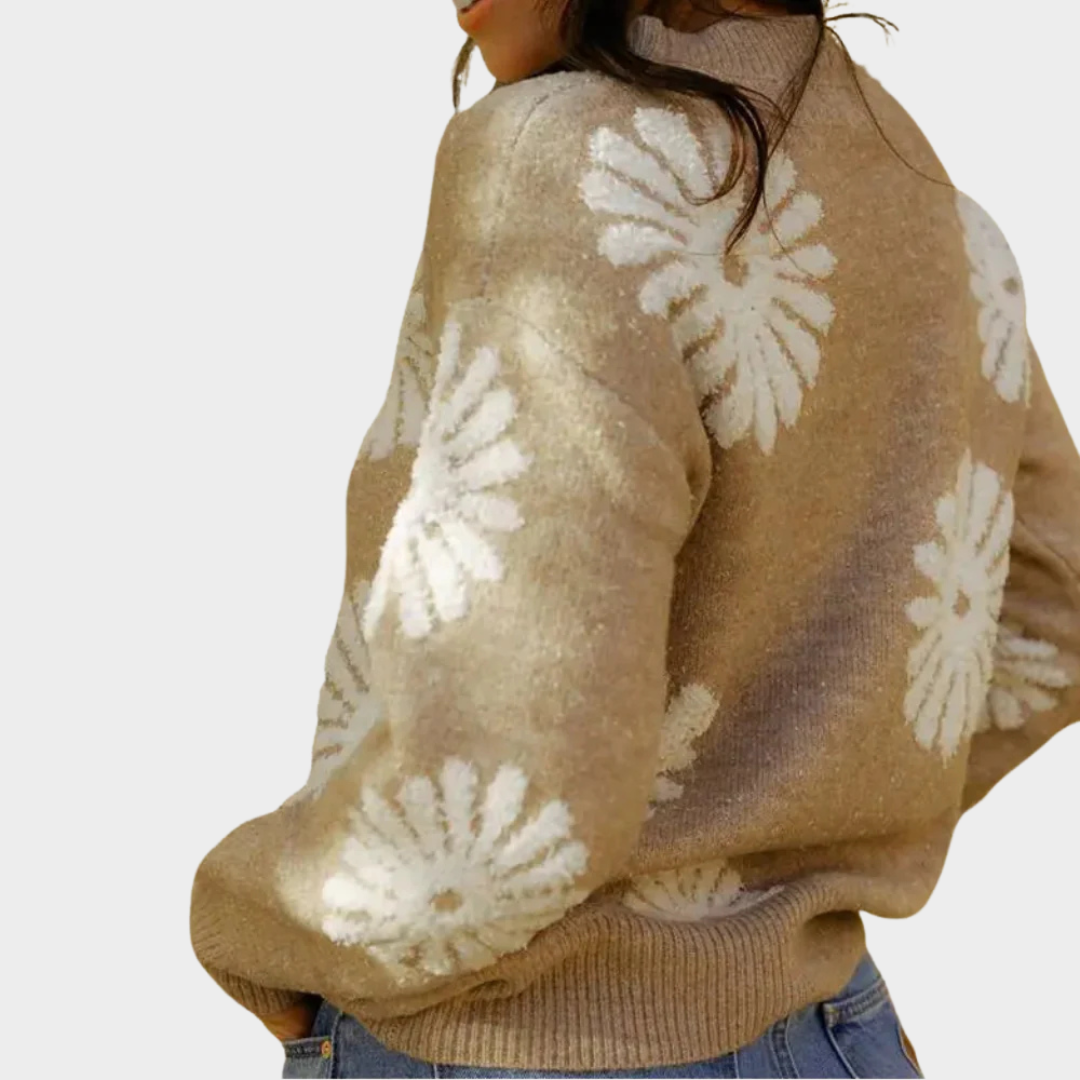 Women’s Knitted Sweater – Floral Pattern – Soft & Breathable – Relaxed Fit – Beige