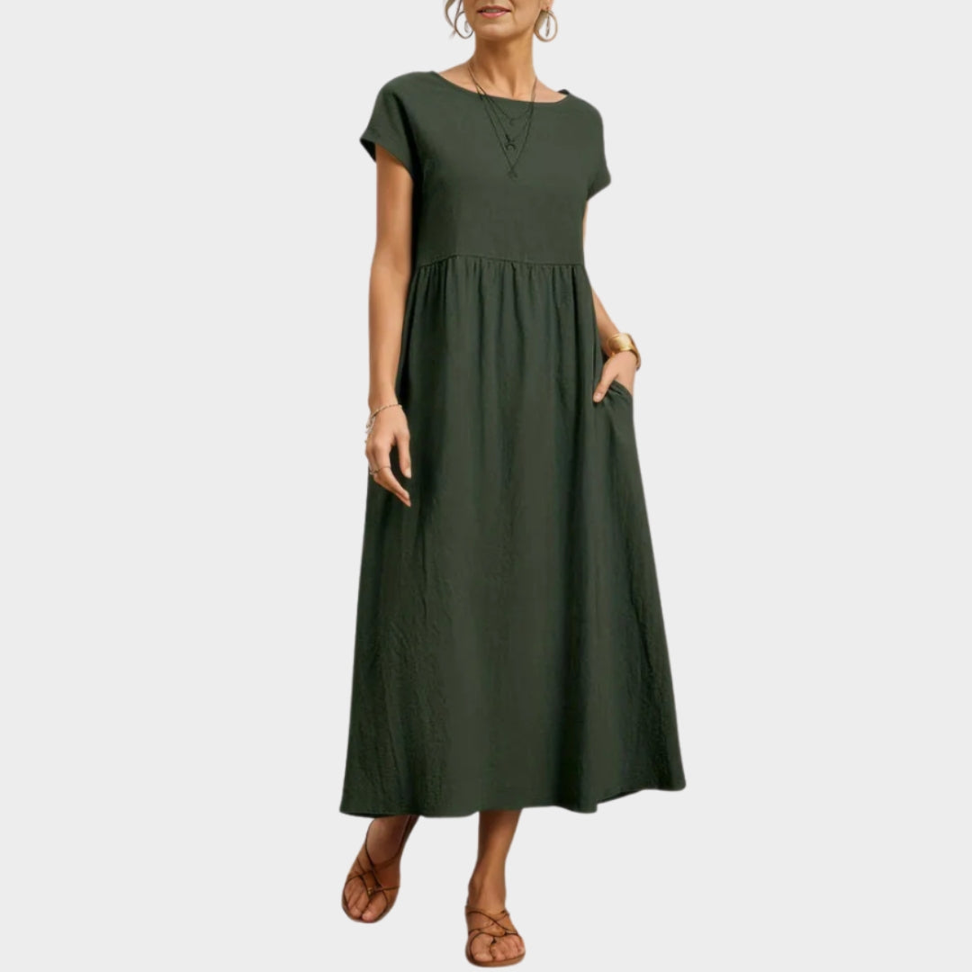 Women's Long Cotton-Linen Dress O-Neck Relaxed Fit Vintage Sun Dress - Multiple Colors