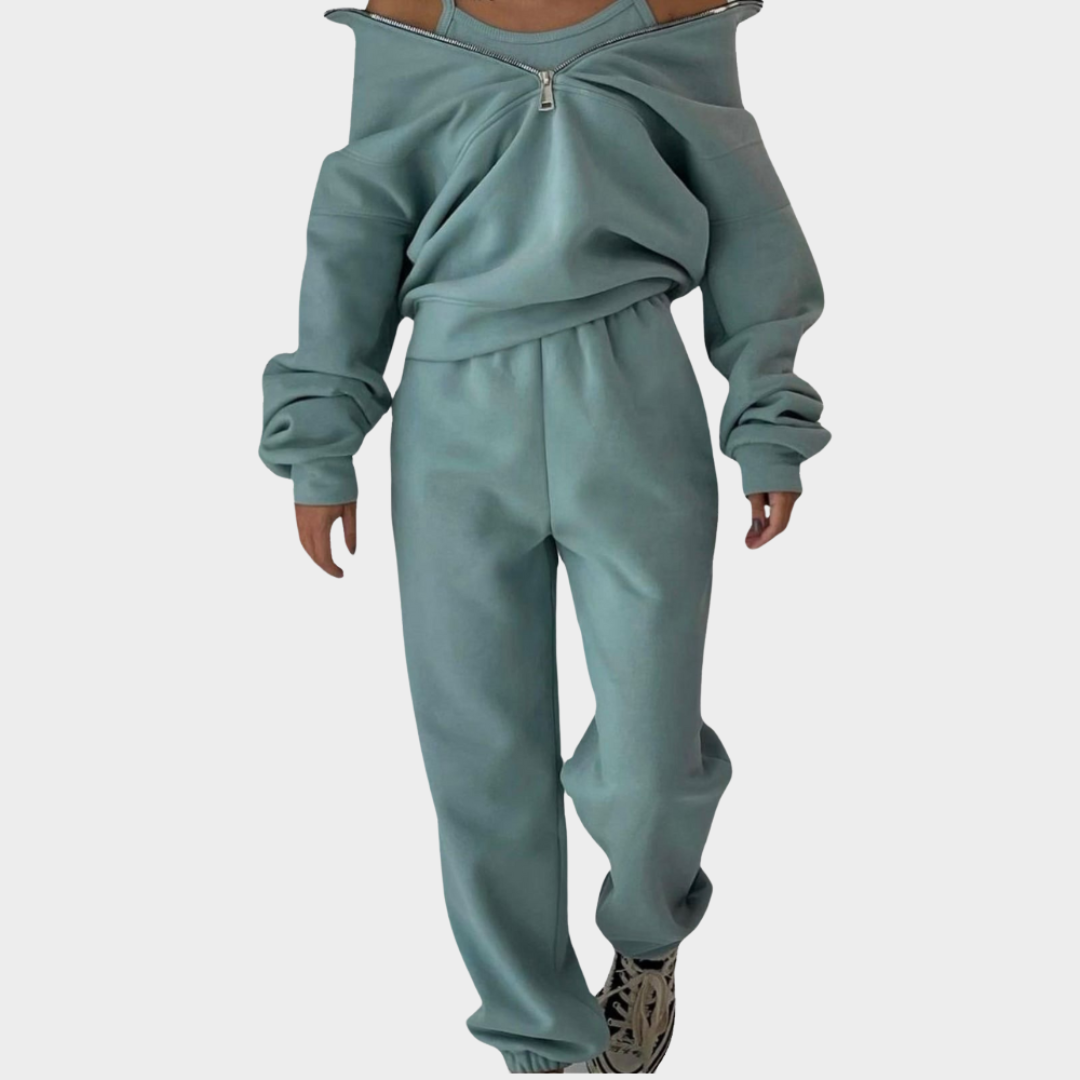 Women's Two-Piece Tracksuit - Fleece Lined - Zip-Up Sweatshirt & High-Waist Pants - Multiple Colours