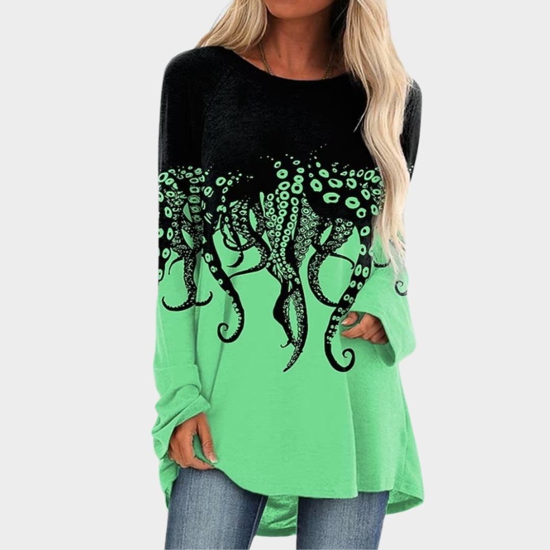 Winter Women’s Long Sleeve T-Shirt - Round Neck, Loose Fit, Printed Top (Green/Red, Brown/Blue, and More)