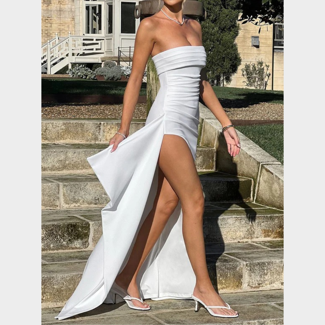 Women’s Maxi Dress – Strapless Bodycon Fit with Pleated Bust, Thigh High Split and Draped Detail in Luxury Stretch Crepe – Multiple Colours