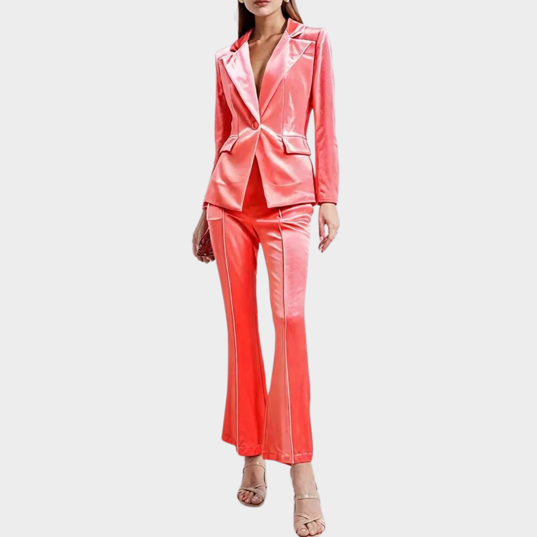 Women’s Velvet Blazer & Trousers Set – One-Button Jacket – Flare Pants – Elegant Fit – Multiple Colours