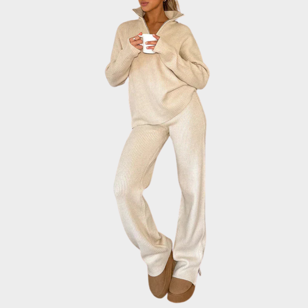 Women's Two-Piece Knitted Set – Long Sleeve – Lapel Collar – Soft Fabric – Multiple Colours