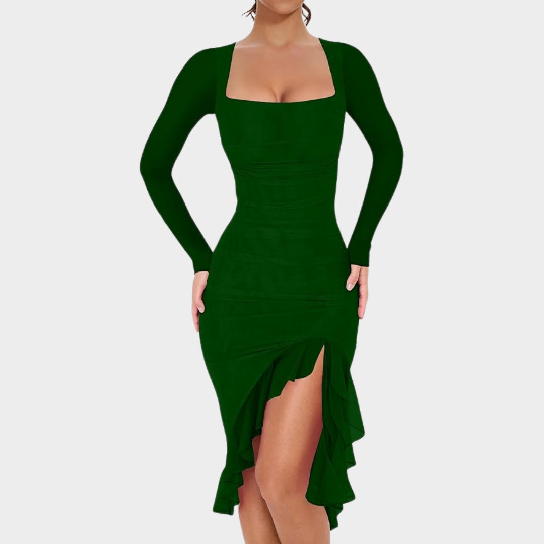 Women's Ruched Bodycon Dress - Long Sleeve - Square Neck - Ruffle Hem - Elegant Cocktail Party Dress - Multiple Colours