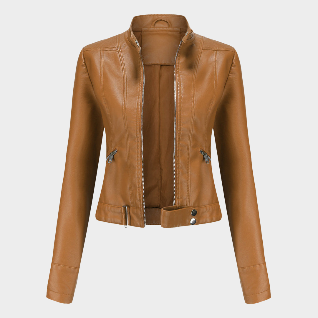 Women's Slim Fit Leather Jacket – Short Length – Stand Collar – Stylish Outerwear – Multiple Colours