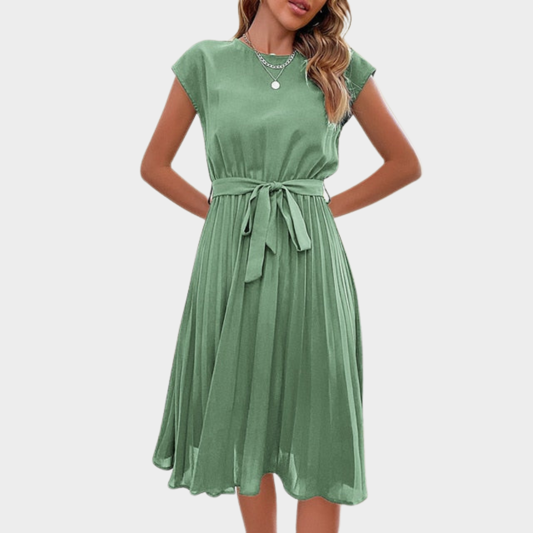 Women's Short Sleeve Pleated Midi Dress – Elegant & Flowy – O-Neck Tunic – Multiple Colours