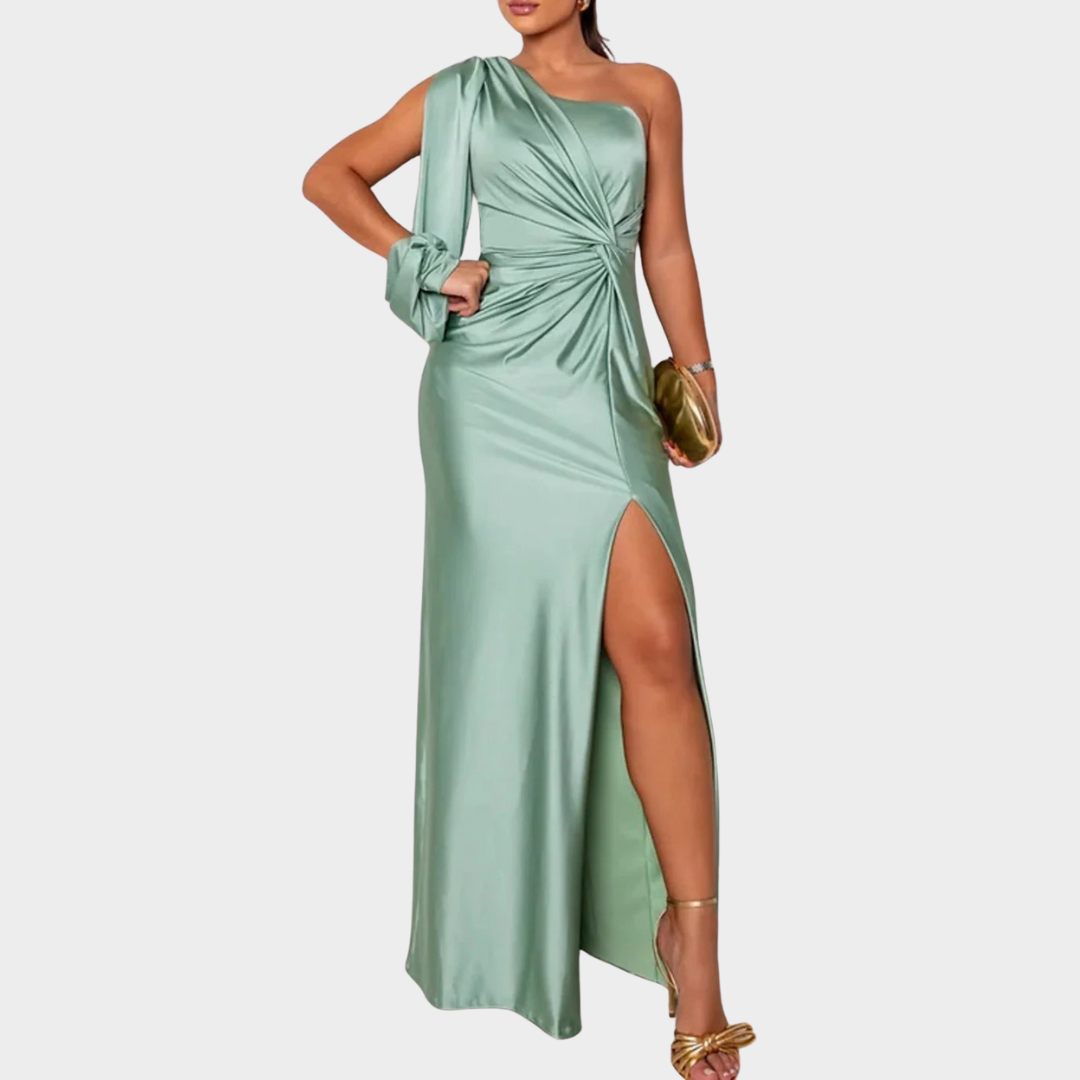 Women Evening Maxi Dress – Elegant Party Long Dress with Backless Split Design and Diagonal Collar Tight Waist Silhouette – Multiple Colours