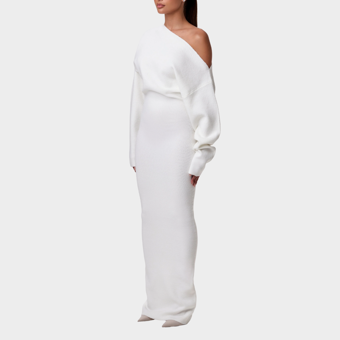 Women’s Long Dress – Off Shoulder Sloping Collar – Long Sleeve Solid Colour – Elegant Slim Fit Design – Multiple Colours