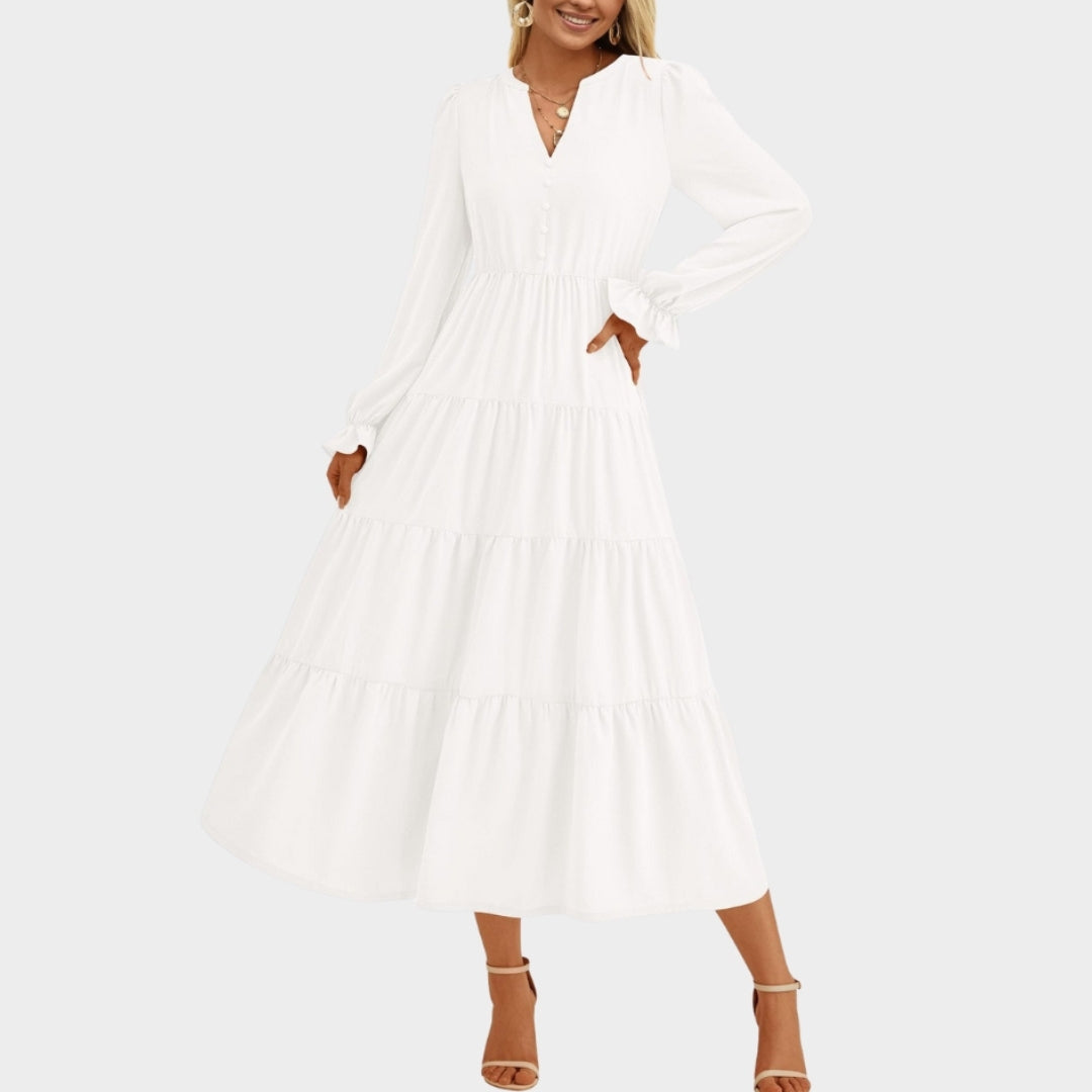 Women’s High-Waist A-Line Dress - V-Neck, Layered Ruffles, Button Embellished, Long Sleeve, Wine, Black, and More
