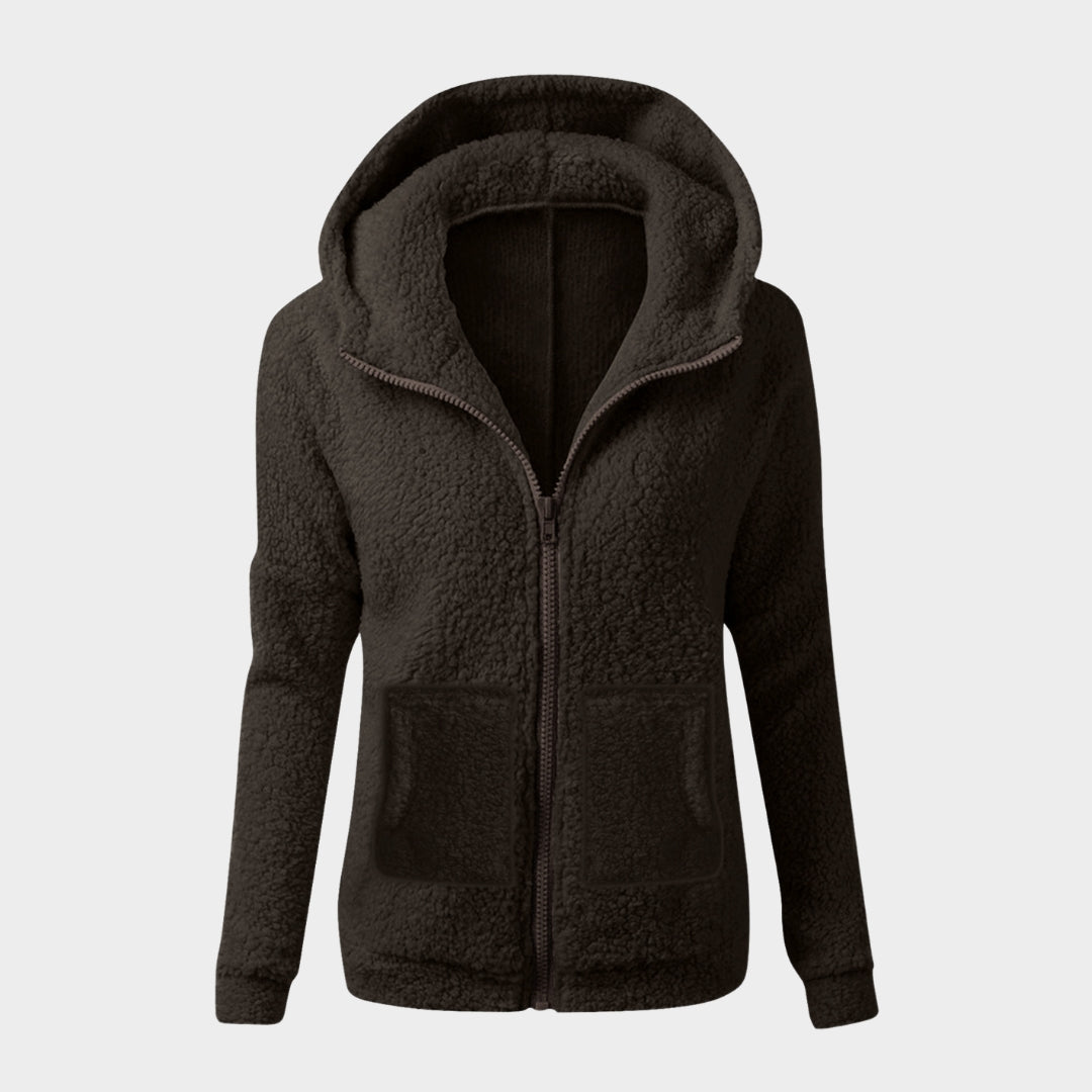 Women’s Hooded Plush Zip-Up Coat – Soft Loose Sweatshirt, Solid Color, Warm Top for Autumn & Winter, Pink, Beige, Black