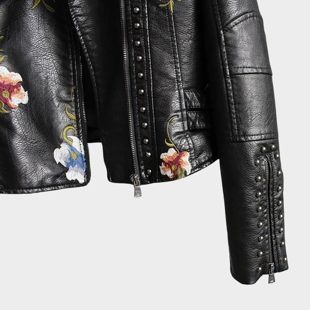 Women's Faux Leather Jacket – Floral Embroidery – PU Motorcycle Coat – Casual Outerwear – Multiple Colours