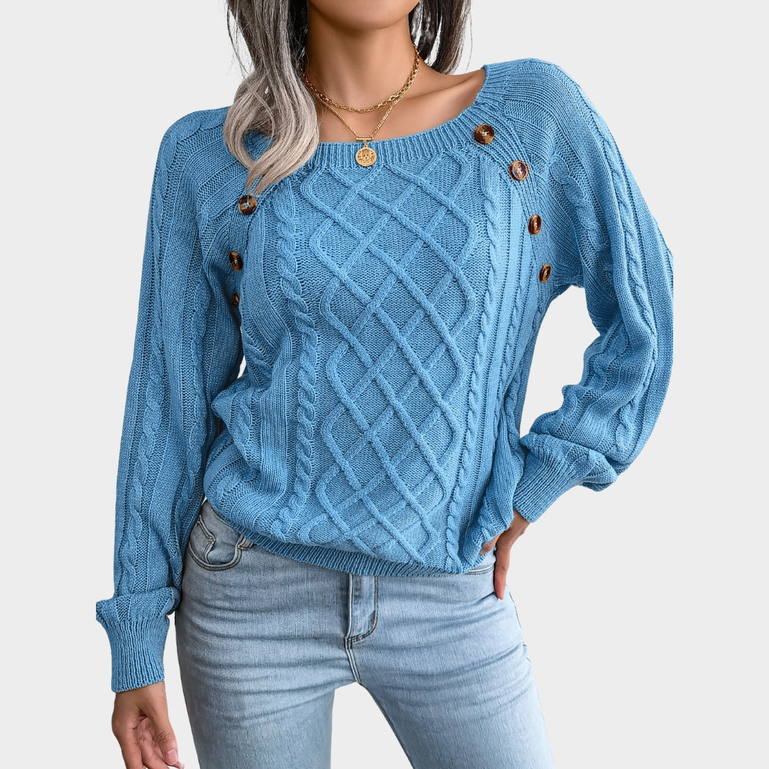 Women’s Cable Knit Sweater – Square Neck, Button Detail, Ribbed, Long Sleeve, Solid Color Pullover