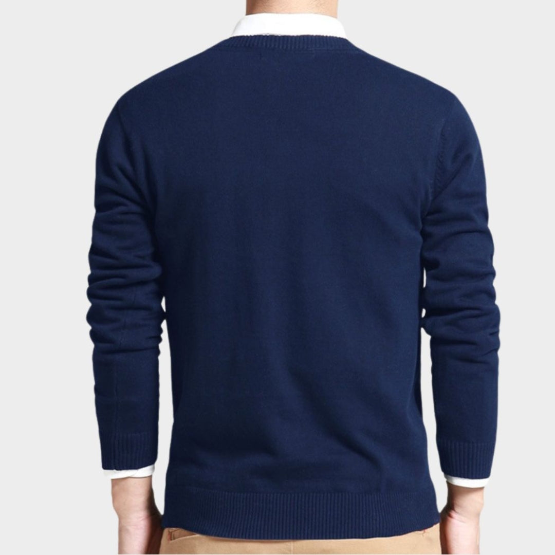Men's V-Neck Cotton Sweater – Long Sleeve Loose Fit Knitwear, Korean Style, Black/Blue/White/and More