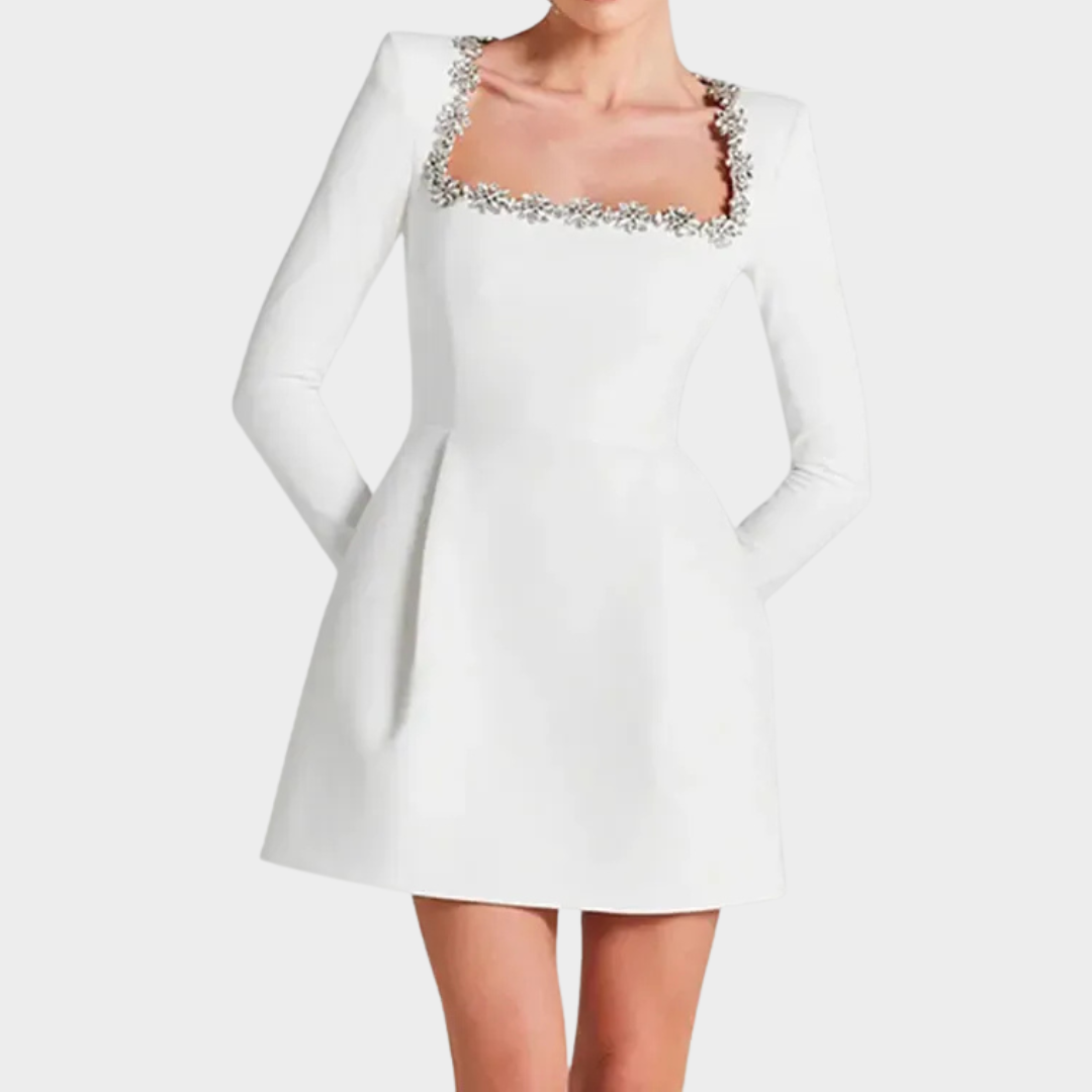 Women Velvet Crystal Dress – Elegant Evening Wear with Square Neckline and Crystal Embellishments – Slim Structured Fit – Multiple Colours