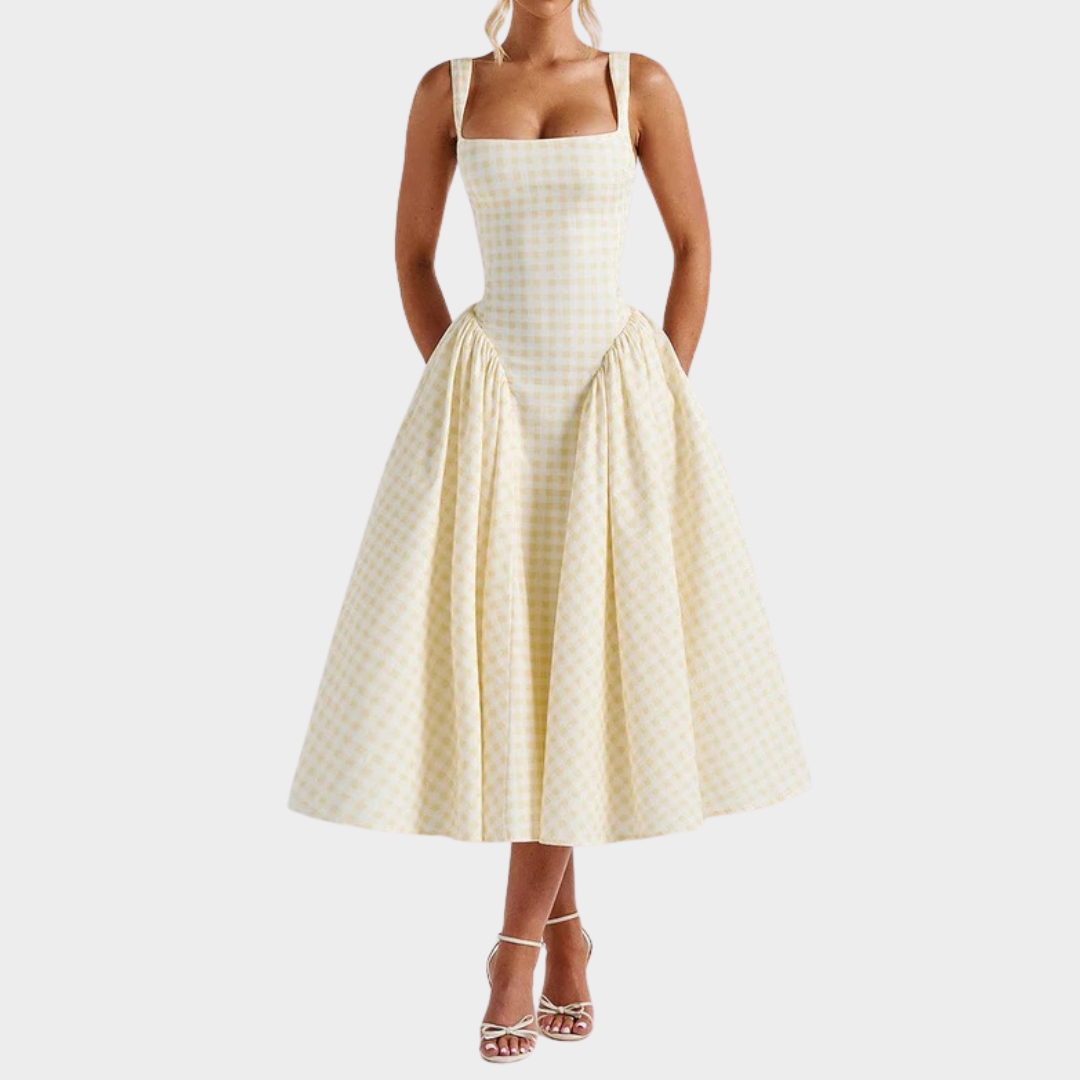 Women’s Midi Dress – Gingham Print with Fitted Bodice – Lace Up Back – Square Neckline – Flowing Skirt – Multiple Colours