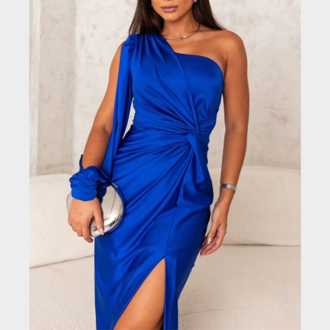 Women Evening Maxi Dress – Elegant Party Long Dress with Backless Split Design and Diagonal Collar Tight Waist Silhouette – Multiple Colours