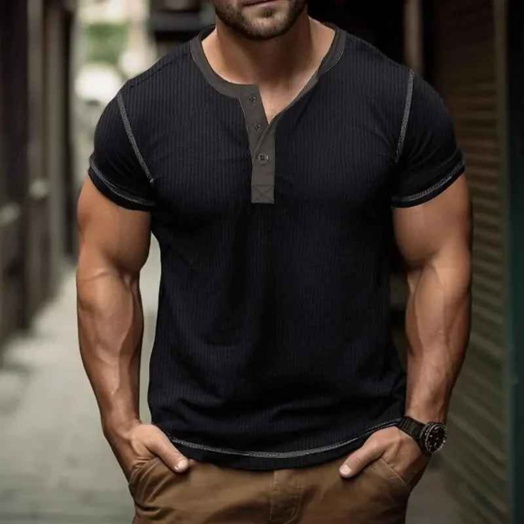 Men's T-Shirt – Short Sleeve Vintage Fit Waffle Texture Crew Neck Henley Top – Multiple Colours
