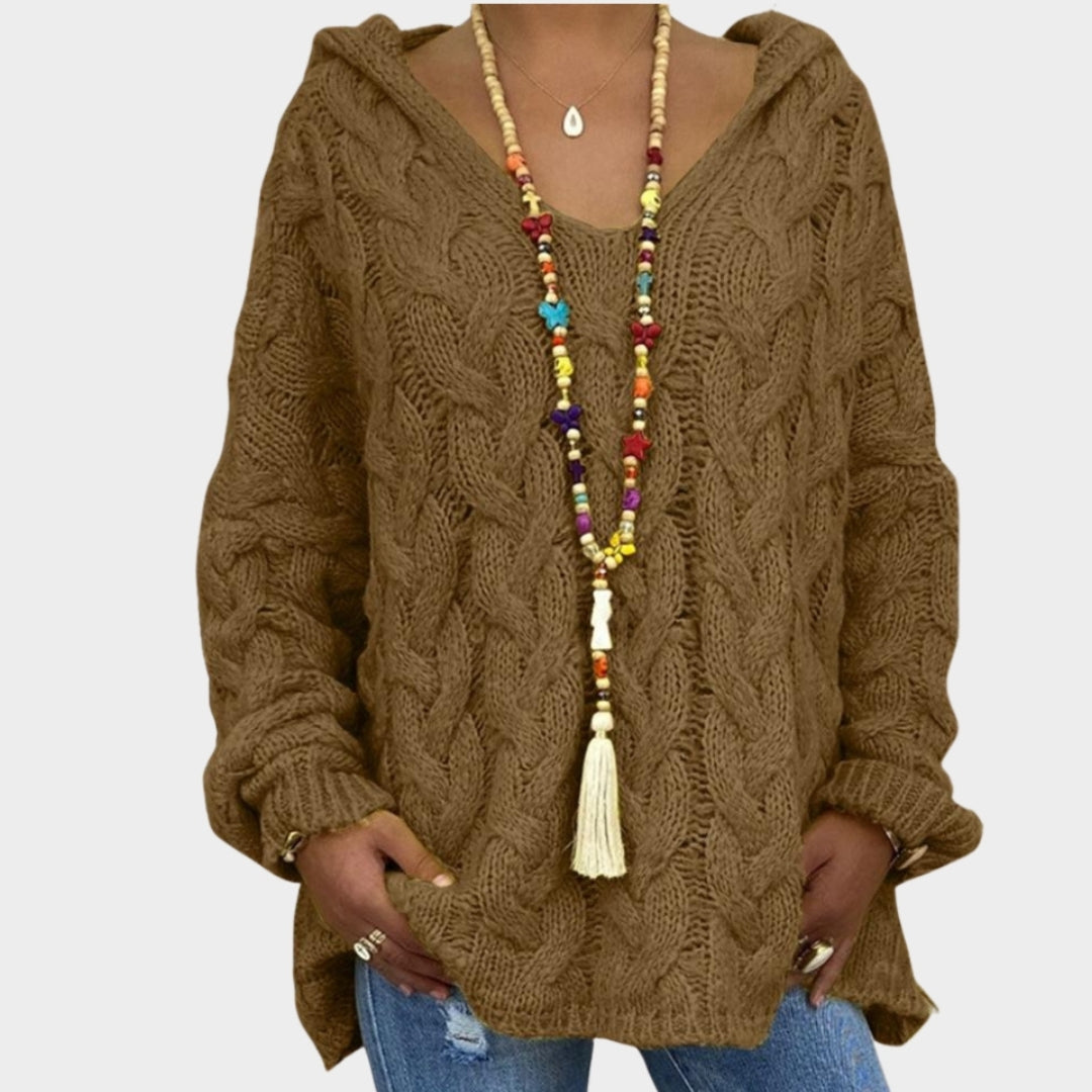 Women’s Hooded V-Neck Knitted Sweater - Long Sleeve, Twist Knit, Solid Color Loose Pullover, Red, Green, and More