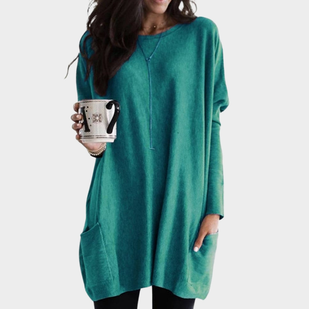 Women’s Long Sleeve Tunic Top - Casual Loose Sweater with Pockets, Plus Size Pullover, Grey, Black, Peacock Blue, and More
