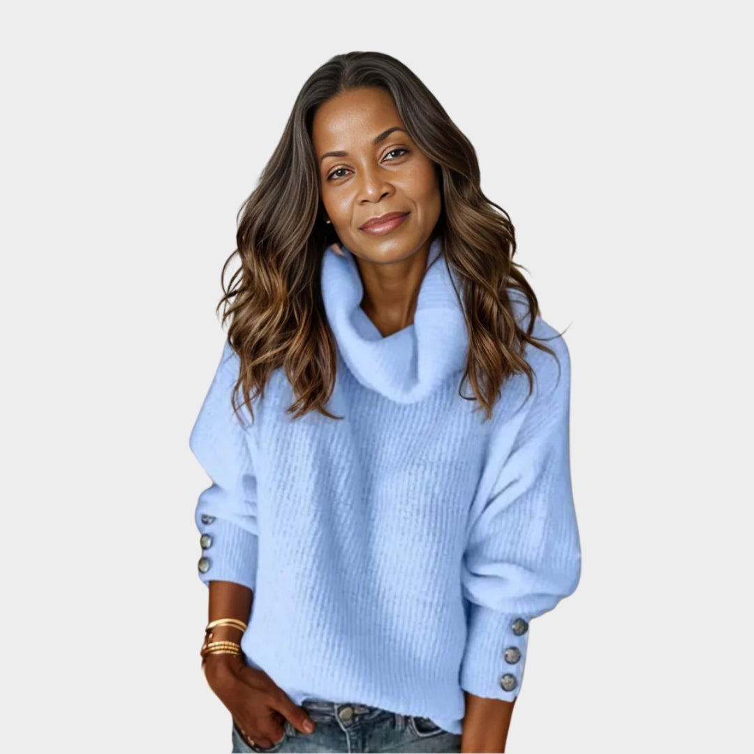 Oversized Women’s Vintage Turtleneck Sweater – Metal Buttons, Loose Knit, Long Sleeves, Grey, Pink, Blue