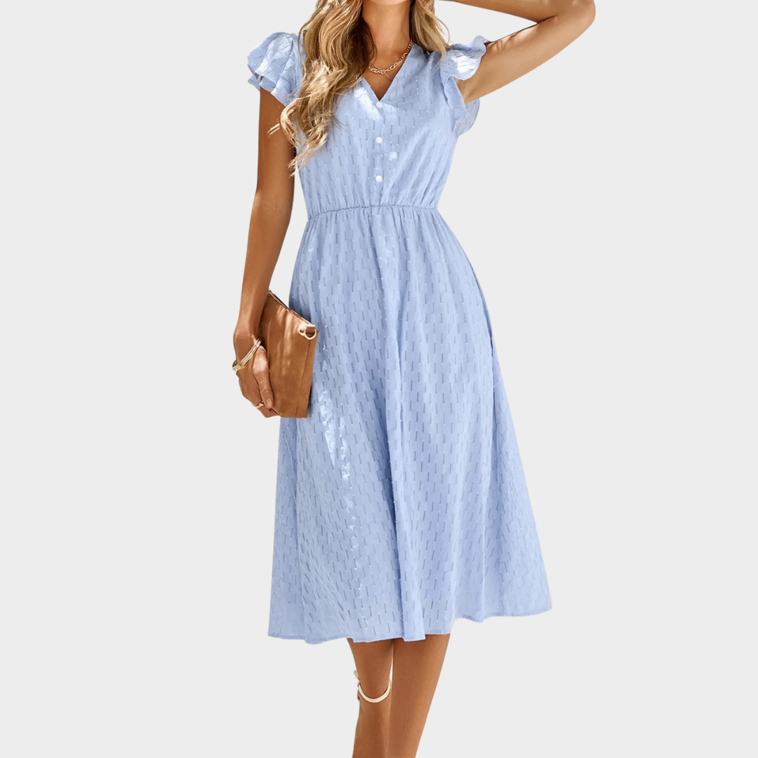 Women’s V-Neck Buttoned Midi Dress – Elegant Flutter Short Sleeve Fit with Solid Colour Design – Soft Lightweight Fabric – Multiple Colours