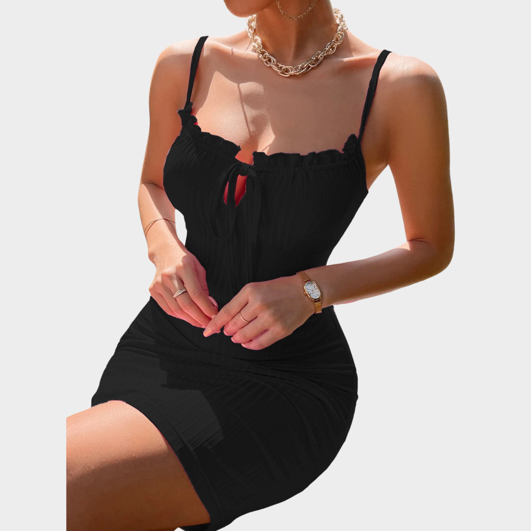 Women's Spaghetti Strap Mini Dress – Ruffled Lace-Up – Bodycon Fit – Multiple Colours