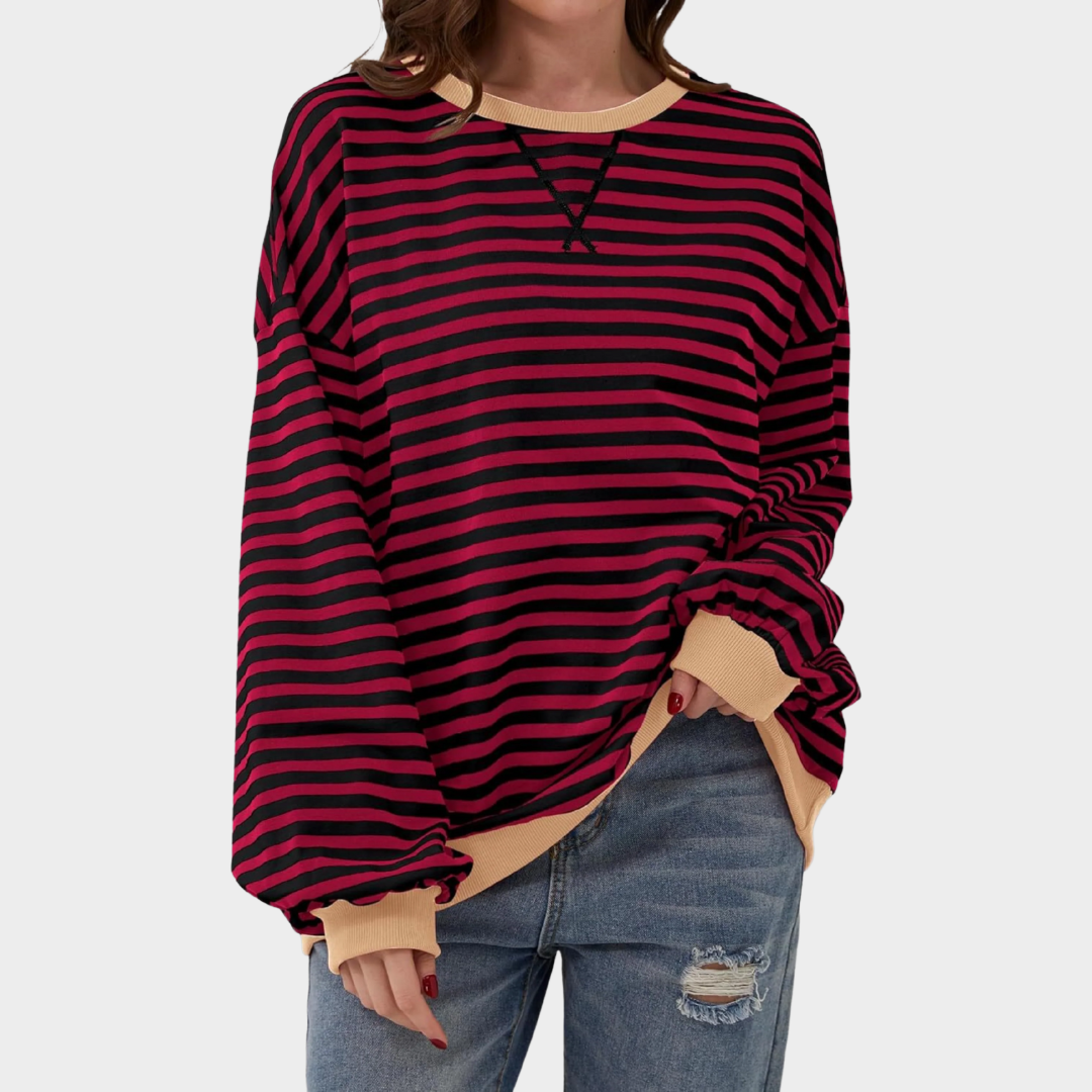 Women Casual Long Sleeve Sweatshirt – Round Neck Striped Pullover Top – Comfortable Knitwear – Multiple Colours