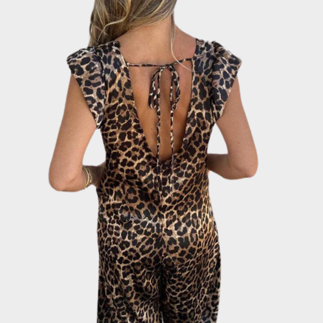 Women's Jumpsuit – V-Neck – Short Sleeve – Ruffle Detail – Leopard Print – Multiple Colours