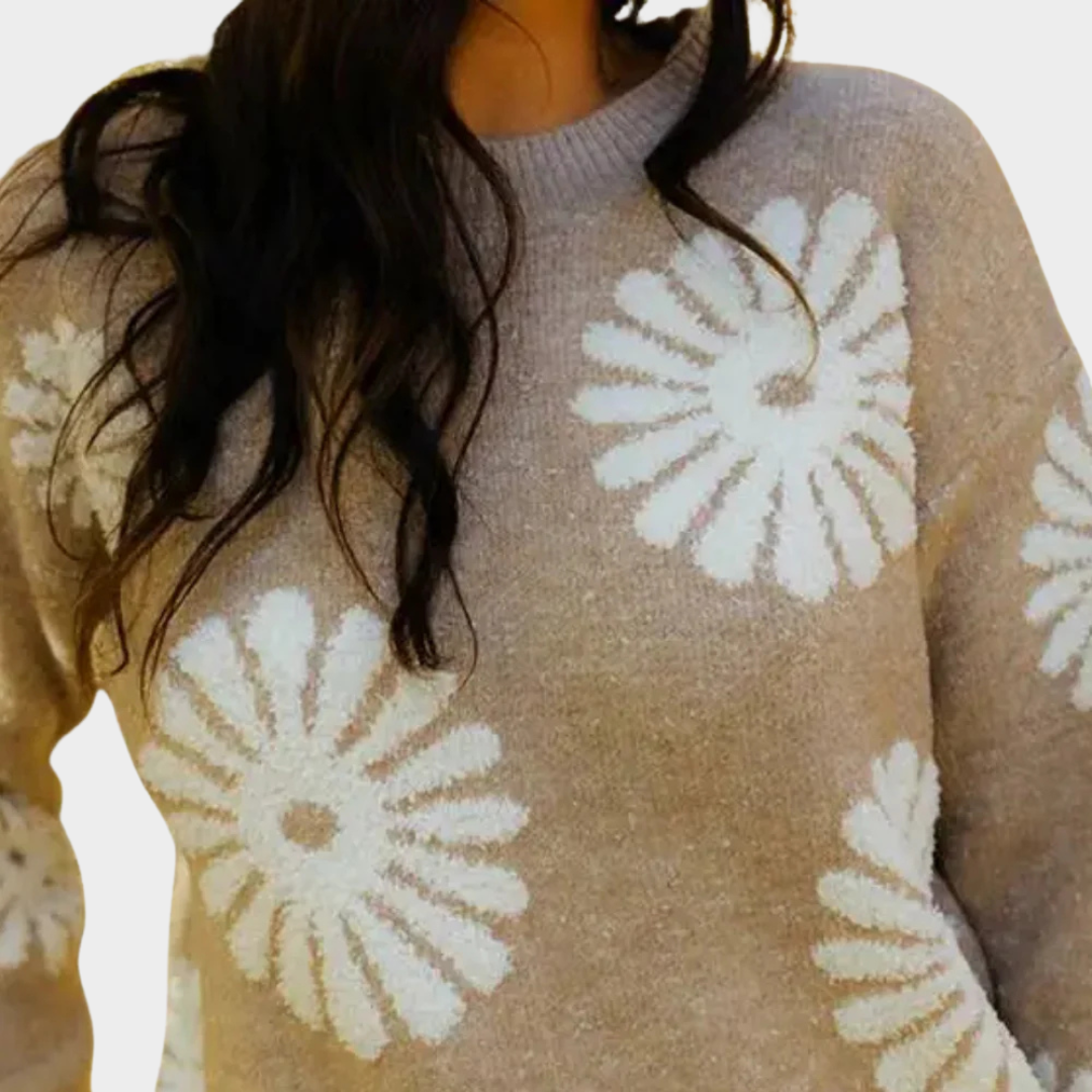 Women’s Knitted Sweater – Floral Pattern – Soft & Breathable – Relaxed Fit – Beige