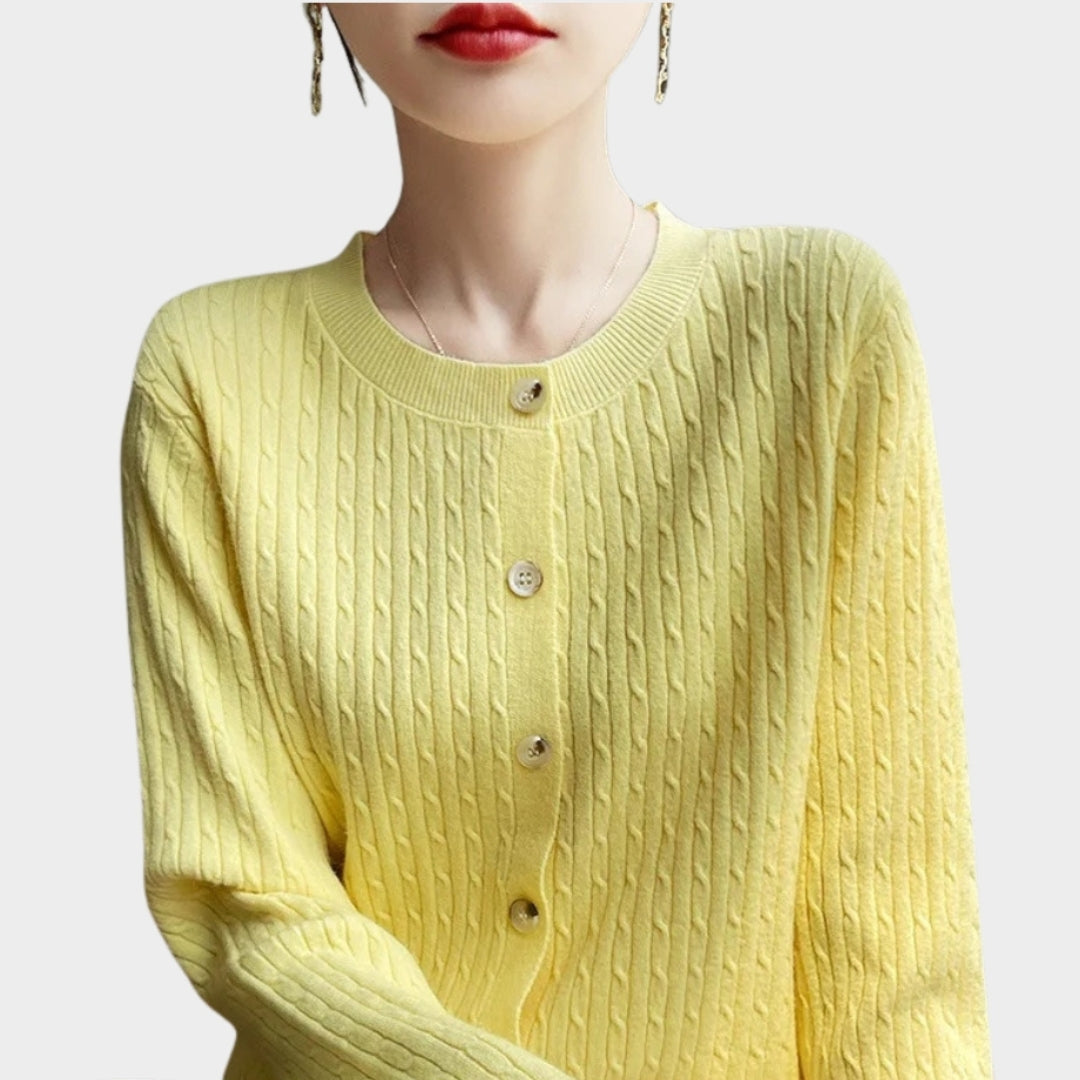 Women’s 100% Merino Wool Sweater – O-Neck Hollow Twisted Cardigan, Long Sleeve Knitted Top, Multiple Colors