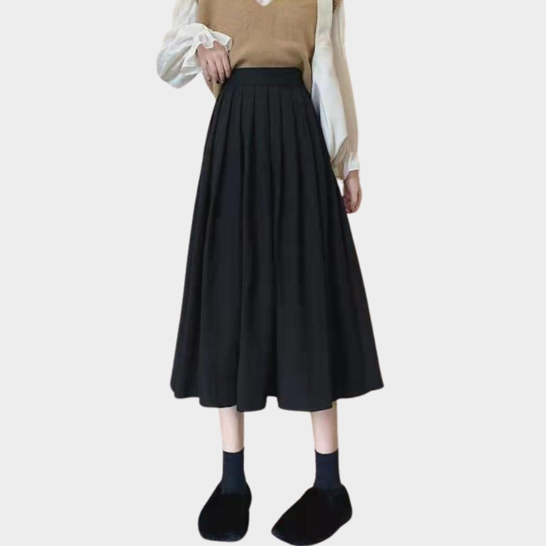 Women’s High Waist Pleated Skirt - Vintage A-Line Korean College Style Long Skirt, Blue, Black, and More