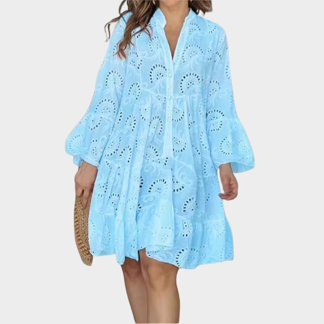Spring Summer Women’s V-Neck Dress – Solid Color, Embroidered Hollow Lace, Loose Fit in Yellow, Red, Sky Blue, and More