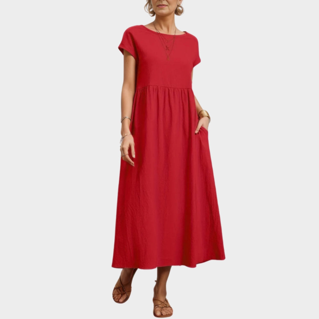 Women's Long Cotton-Linen Dress O-Neck Relaxed Fit Vintage Sun Dress - Multiple Colors