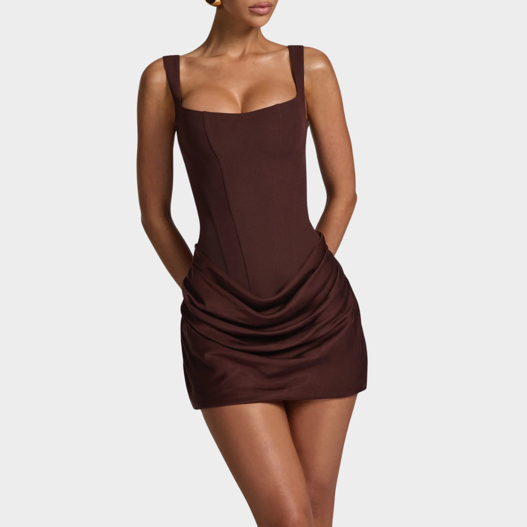 Women Pleated Mini Dress – Sleeveless Square Neck Slim Fit Short Evening Dress with Lace Up Back and Satin Pleated Skirt – Multiple Colours