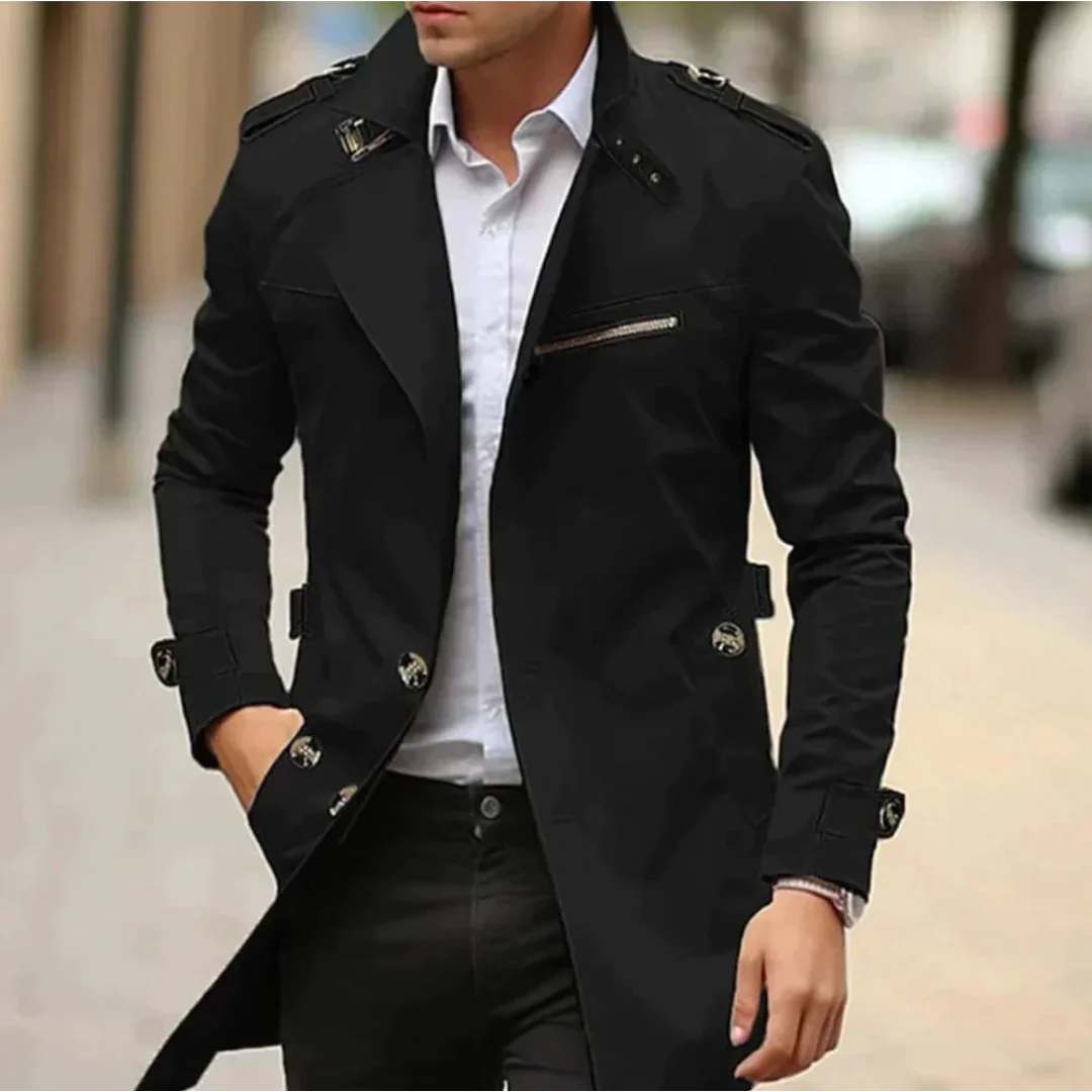 Men’s Classic Trench Coat – Long Sleeve Outerwear with Belt and Button Details – Structured Fit Water-Resistant Cotton Blend – Multiple Colours
