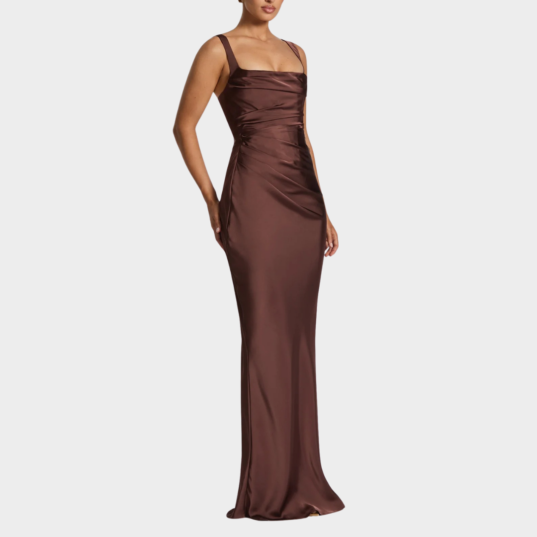 Women Slim Fit Satin Maxi Dress – Elegant Long Dress with Pleated Bodice Square Neckline and Lace Up Back – Multiple Colours
