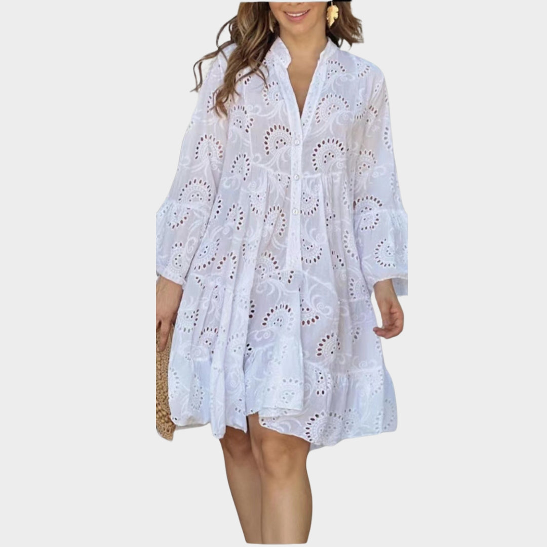 Spring Summer Women’s V-Neck Lace Dress – Solid Color, Embroidered, Hollow Design, Casual Loose Fit