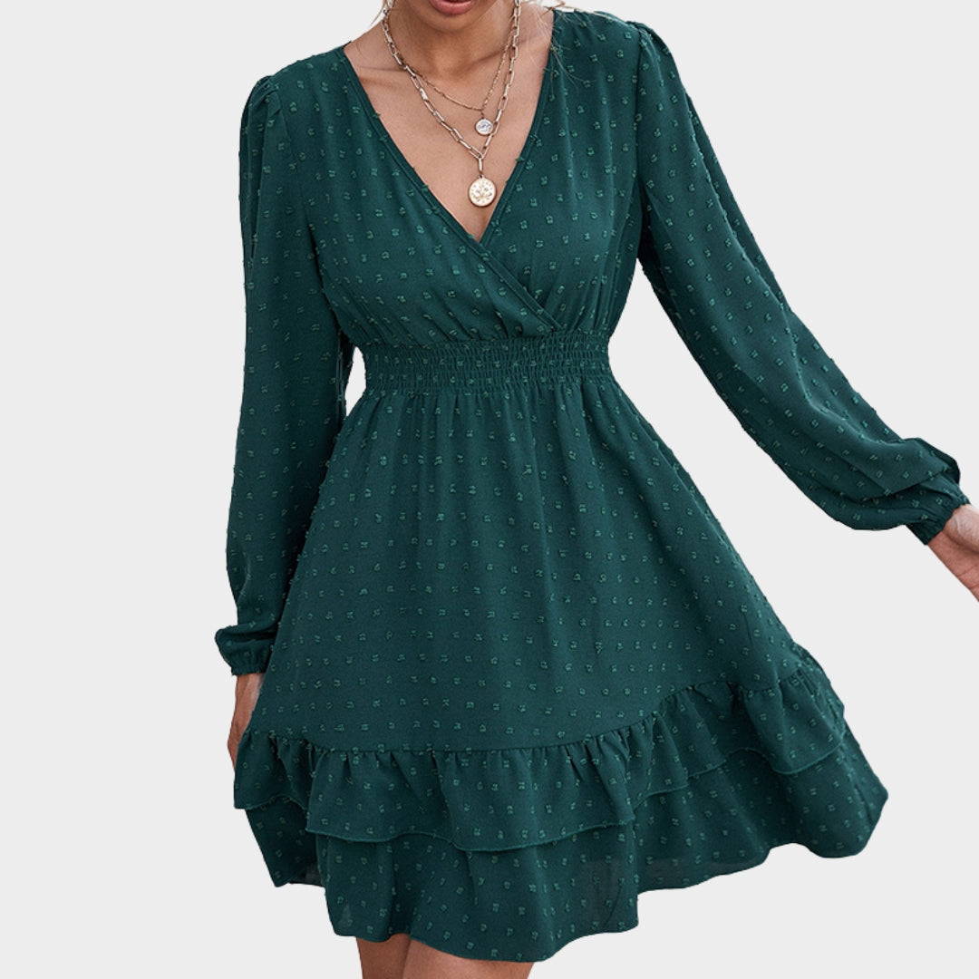 Women's Chiffon A-Line Dress - V-Neck - Long Lantern Sleeve - Waist Ruffle Detail - Multiple Colours