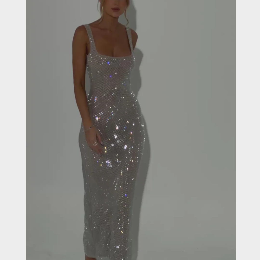 Women Petra Maxi Dress – Elegant Evening Long Dress with Rhinestone Embellished Stretch Net and Square Neckline – Multiple Colours