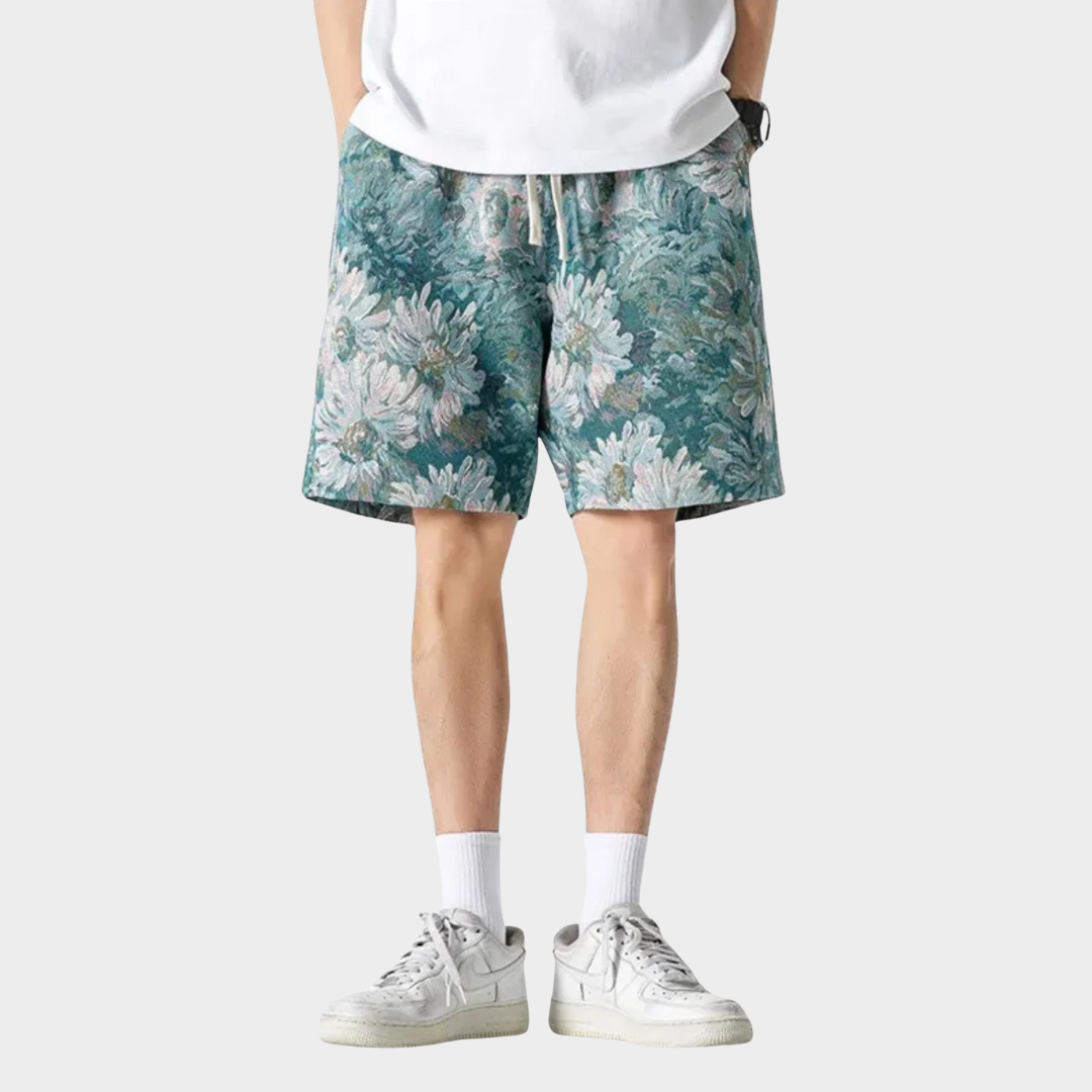 Men’s Retro Jacquard Drawstring Shorts – Casual Loose Fit Beach Pants PU Fabric – Multiple Colours