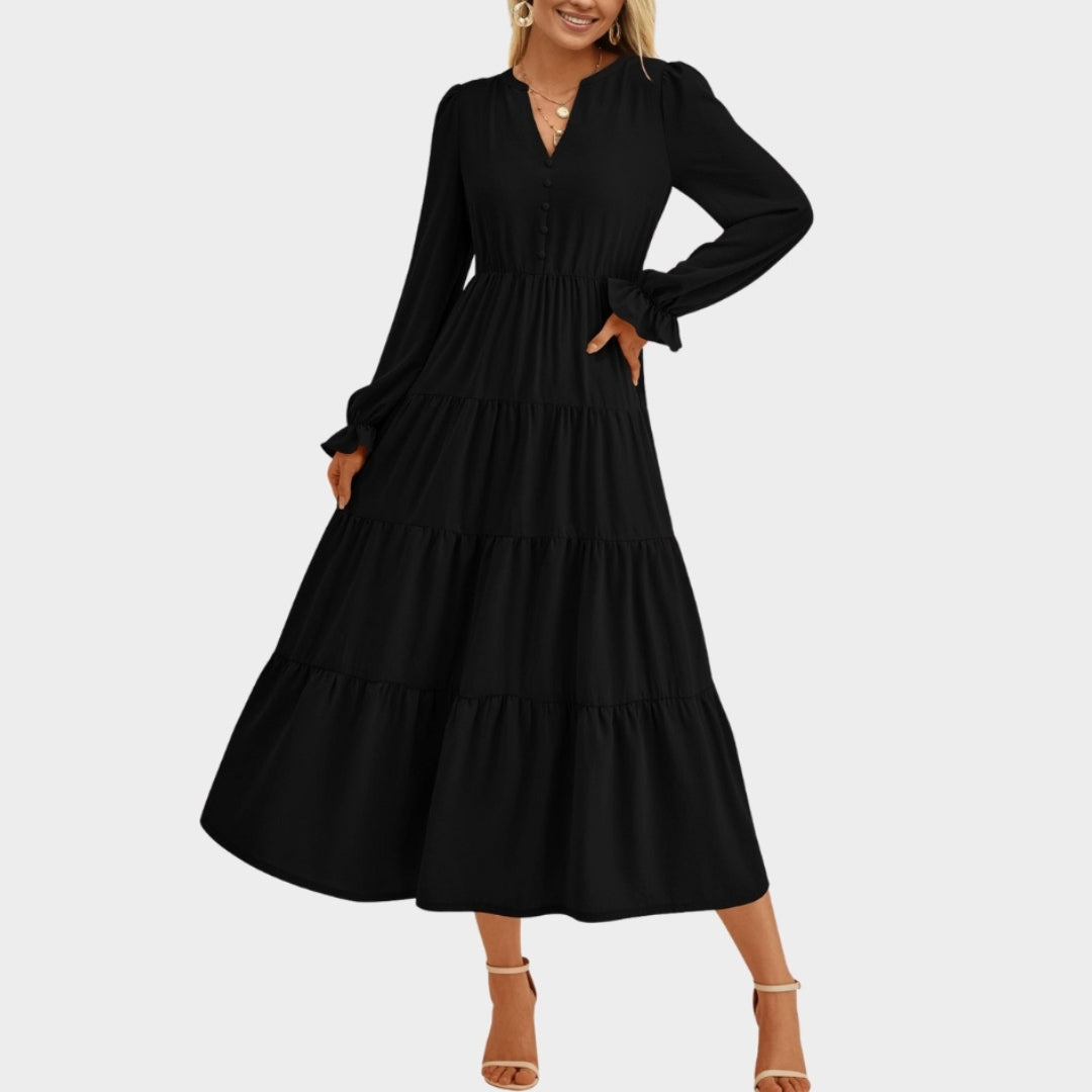 Women’s High-Waist A-Line Dress - V-Neck, Layered Ruffles, Button Embellished, Long Sleeve, Wine, Black, and More