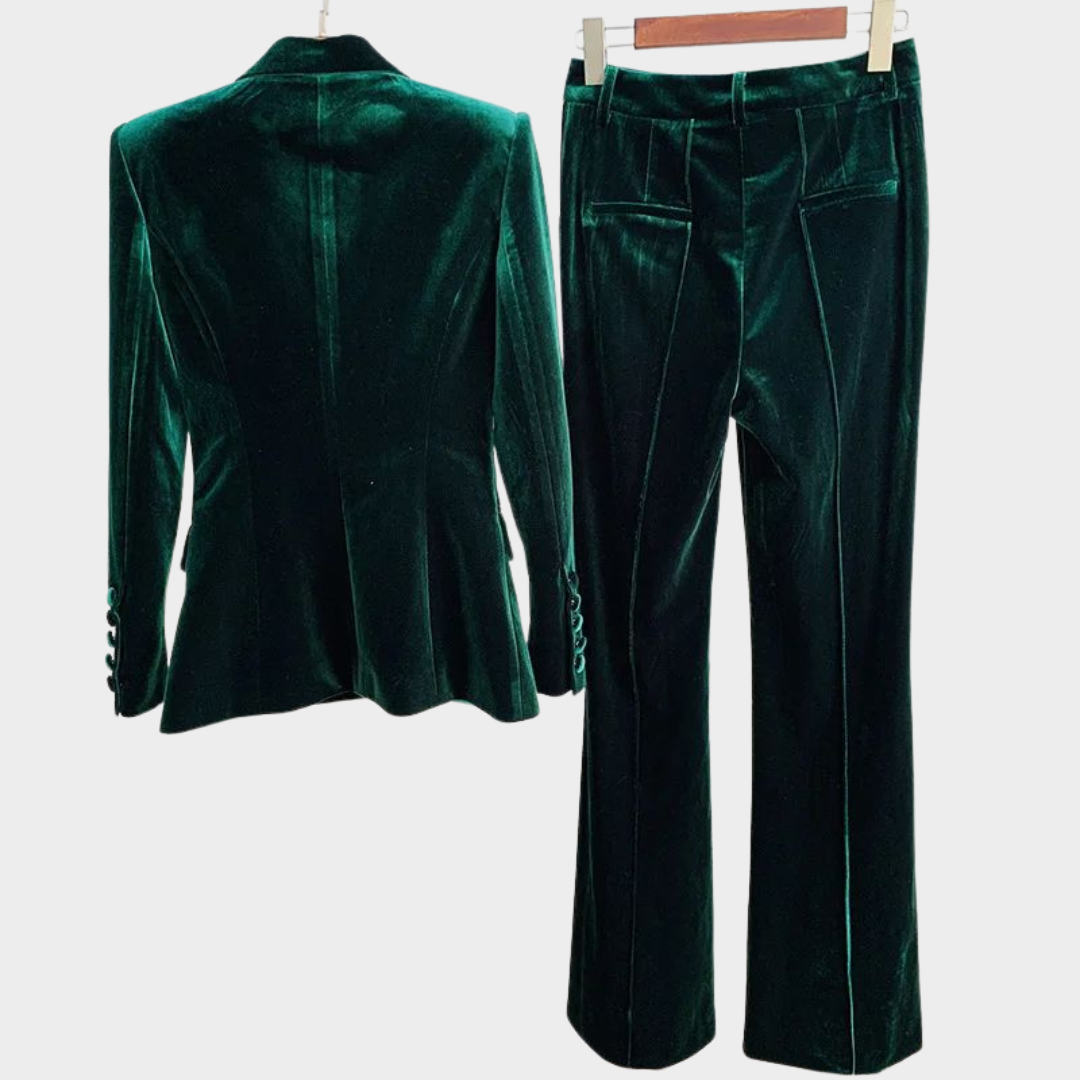 Women’s Velvet Blazer & Trousers Set – One-Button Jacket – Flare Pants – Elegant Fit – Multiple Colours