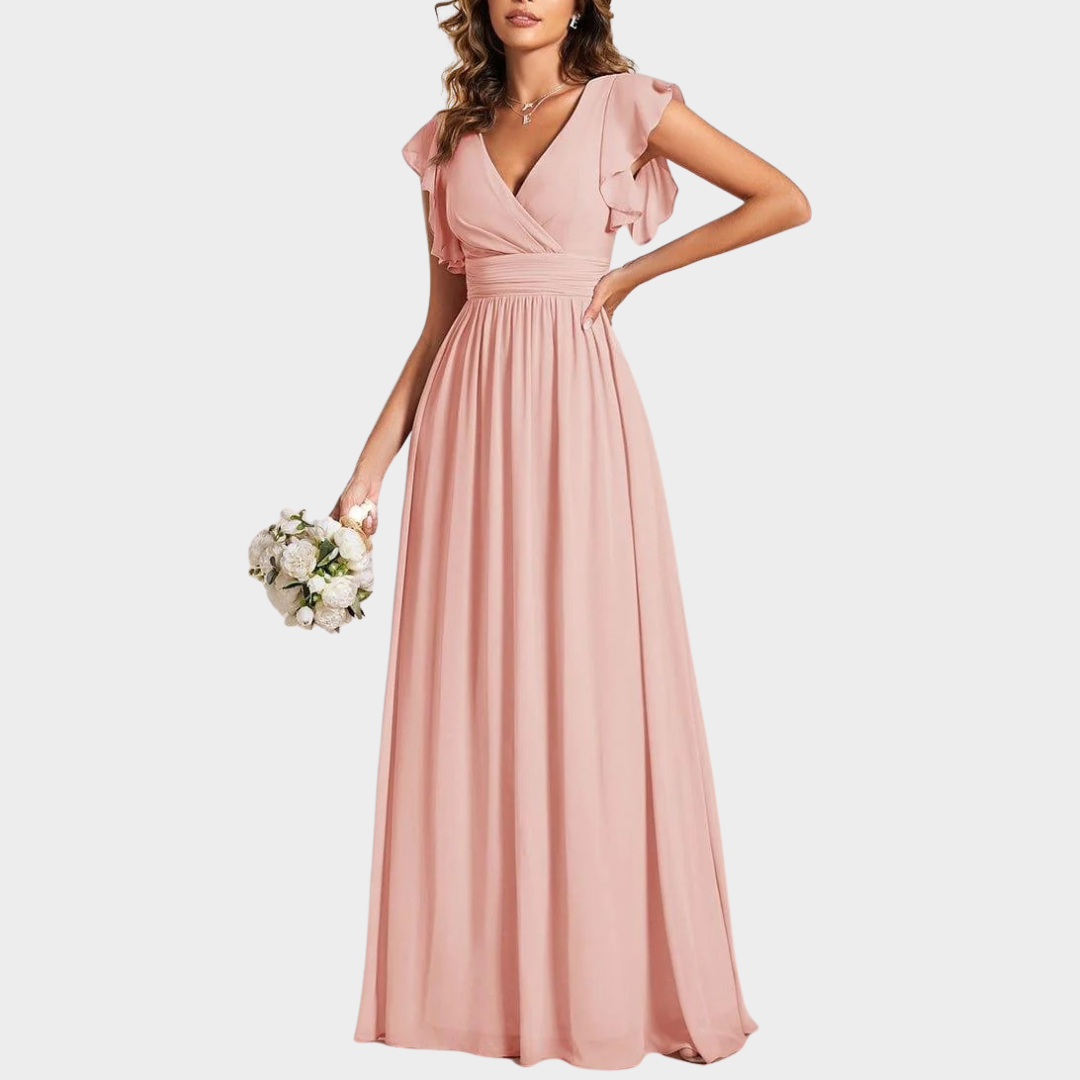 Women’s V-Neck Bridesmaid Dress – Elegant Chiffon Gown with Ruffled Sleeves and Open Back – Multiple Colours